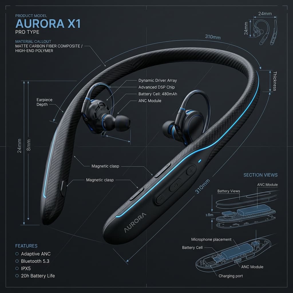 H.E.A.Research Aurora X1 Neckband Design Schematic Render